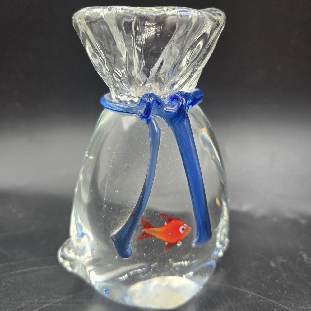 Vtg Murano Style Art Glass Fish In A Bag Goldfish Aquarium Paperweight Sculpture